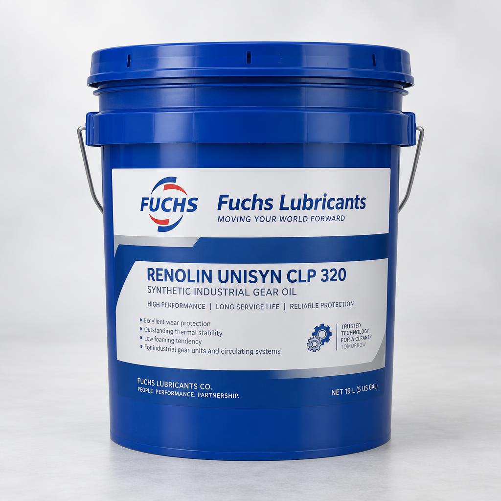 Blue 19 litre (5 US gallon) pail of FUCHS RENOLIN UNISYN CLP 320 with the Fuchs Lubricants label