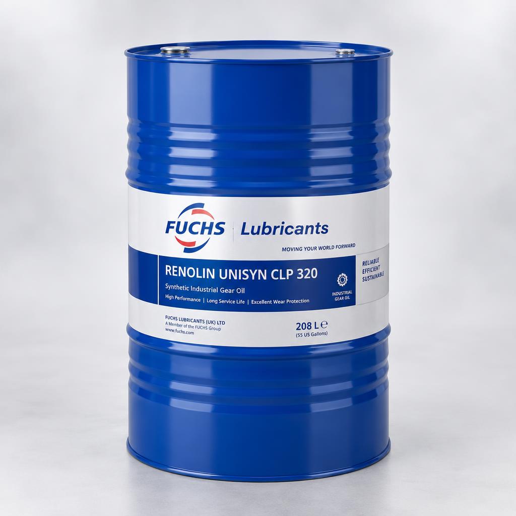 Blue 208 litre (55 US gallon) steel drum of FUCHS RENOLIN UNISYN CLP 320 with the Fuchs Lubricants label