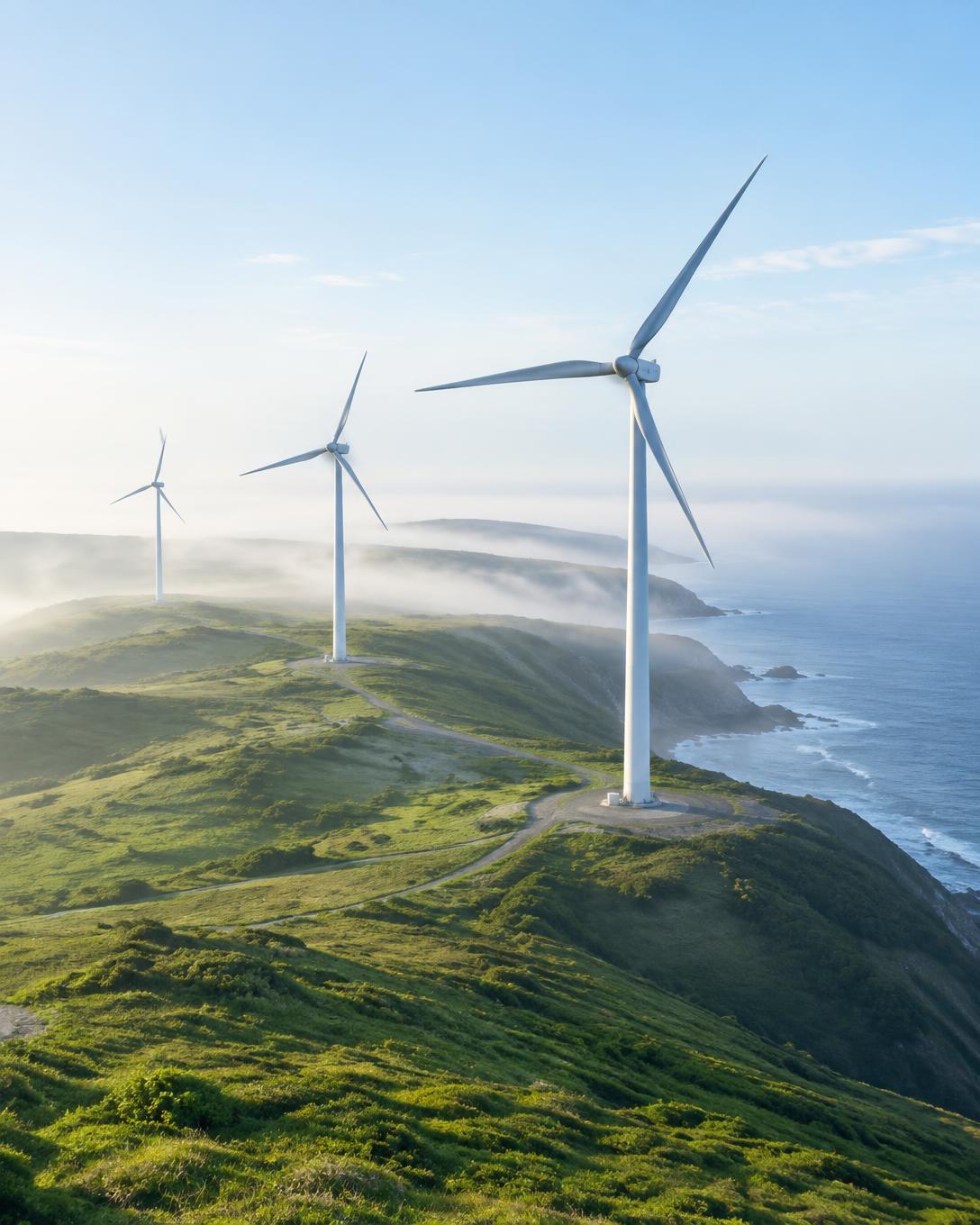 Three white wind turbines on a misty coastal ridge at dawn